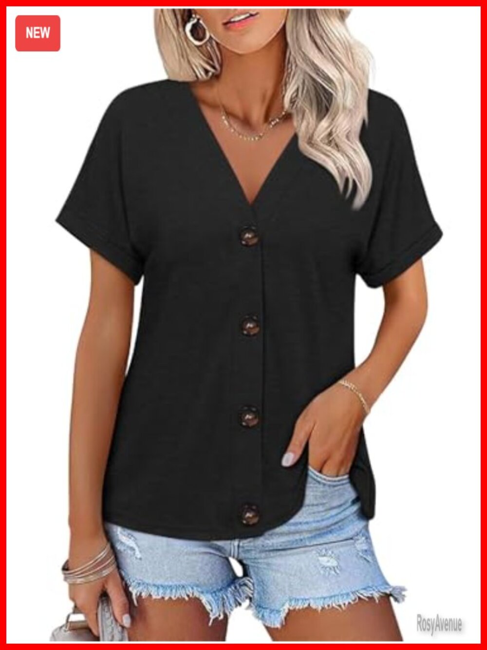 Short Sleeve Button Down V Neck Top Casual Summer Shirt